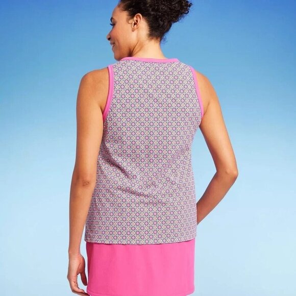 Lands' End Pink Geo Print High Neck Long Length Tankini Swim Top - Picture 2 of 5